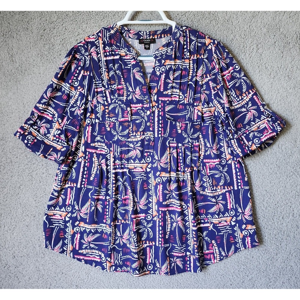 Cocomo Woman Blouse Womens‎ 1X Navy Blue Tropical Palm Tree Short Sleeve Pleated